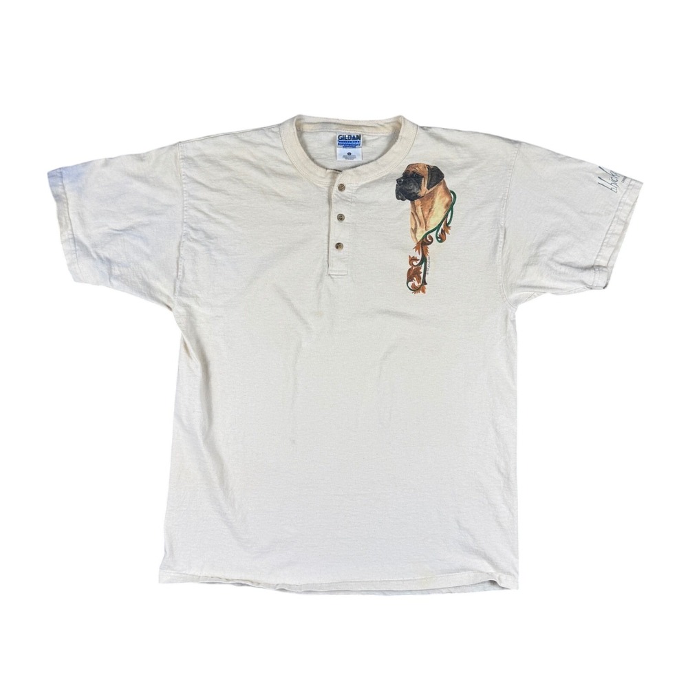 Vtg 90s Bullmastiff Henleyβ T-Shirt Men's M Beige Gildan Dog Tee B Hickman
